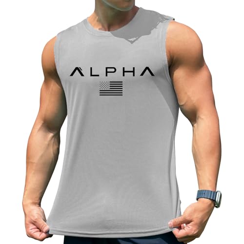 [X-Jang] メンズ タンクトップ トレーニング ノースリーブ フィットネスTシャツ 筋トレ スポーツインナー 袖なし スポーツウェア ボディビル マッスルフィット 吸汗速乾 (JP, アルファベット, L, グレー)